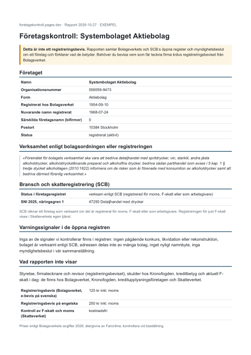 Första sidan av exempelrapporten